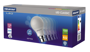 Megaman 9.6W Classic Lamp B22 6500K Pack 10 1055lm - 711923