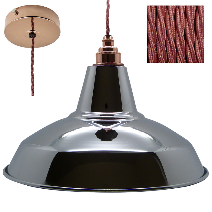 GEORGE Industrial Shade Pendant Set 1mtr. Chrome Shade, Copper Rose, Twisted Rose Pink Flex