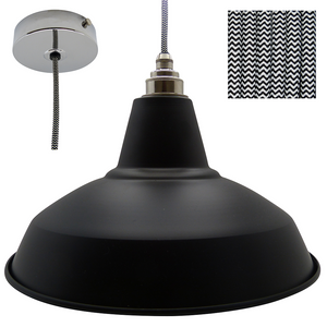 DAN Industrial Shade Pendant Set 1mtr. Black Shade, Nickel Rose, Round Black/White Zigzag Flex - Lampfix - Sparks Warehouse