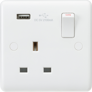Knightsbridge CU9903 - Curved edge 13A 1G switched socket with  USB charger (5V DC 2.1A)
