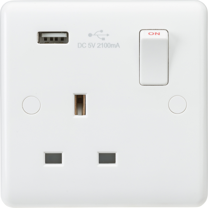 Knightsbridge CU9903 - Curved edge 13A 1G switched socket with  USB charger (5V DC 2.1A)
