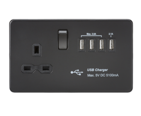 Knightsbridge SFR7USB4MBB Screwless 1G 13A Switched Socket With QUAD USB Charger 5V DC 5.1A - Matt Black With Black Rocker