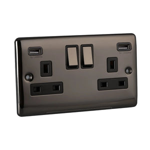 Caradok 2 Gang Double Pole switched socket with USB sockets - Black Nickel