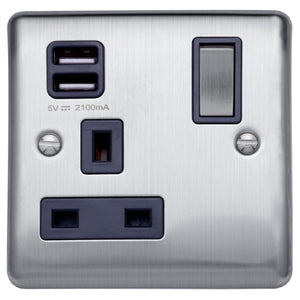 Caradok 13A 1 gang switched socket+2×1.0A USB outlet Brushed Chrome, Metal Switch, Grey Insert