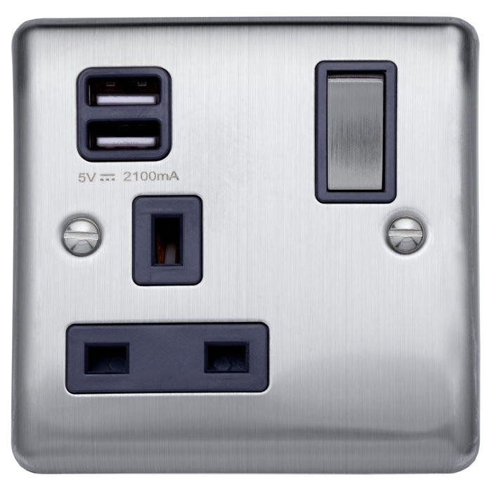 Caradok 13A 1 gang switched socket+2×1.0A USB outlet Brushed Chrome, Metal Switch, Grey Insert