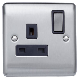 Caradok 13A 1gang switched socket, double pole Brushed Chrome, Metal Switch, Grey Insert