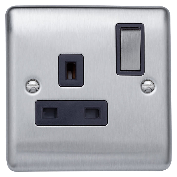 Caradok 13A 1gang switched socket, double pole Brushed Chrome, Metal Switch, Grey Insert