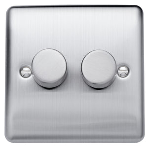 Caradok 400W 2 gang 2way dimmer switch Brushed Chrome, Metal Switch, Grey Insert