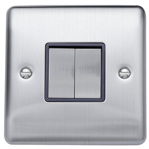 Caradok 2 gang 2 way plate switch Brushed Chrome, Metal Switch, Grey Insert