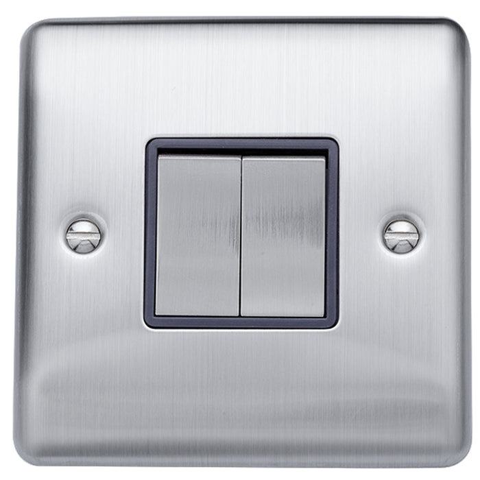 Caradok 2 gang 2 way plate switch Brushed Chrome, Metal Switch, Grey Insert