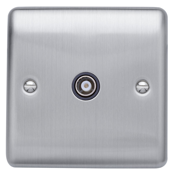 Caradok Isolated coaxial socket, single outlet  Brushed Chrome, Metal Switch, Grey Insert