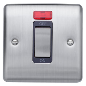 Caradok 45A 1gang double pole switch+neon single plate Brushed Chrome, Metal Switch, Grey Insert