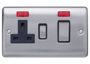 Caradok 45A switch+neon+13Aswitched socket+neon Brushed Chrome, Metal Switch, Grey Insert