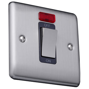 Caradok 45A 1gang double pole switch+neon single plate Brushed Chrome, Metal Switch, Grey Insert