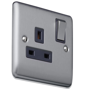 Caradok 13A 1gang switched socket, double pole Brushed Chrome, Metal Switch, Grey Insert