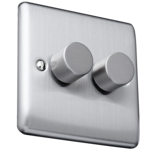 Caradok 400W 2 gang 2way dimmer switch Brushed Chrome, Metal Switch, Grey Insert