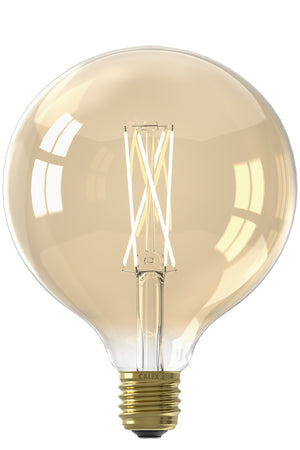 Calex 425487 - Calex LED Full Glass LongFilament Globe Lamp 220-240V 6W 430lm E27 G125, Gold 2100K Dimmable