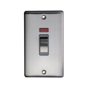 Caradok 45A 1gang double pole switch+neon double plate (86×146) Brushed Chrome, Metal Switch, Grey Insert