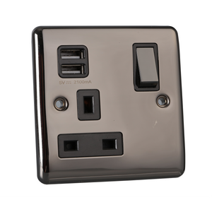 Caradok 1 Gang 2.1A Plug Socket with USB Sockets - Black Nickel