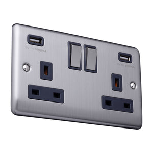 Caradok 13A 2 gang switched socket+(1.0+2.1)A USB outlet+neon,single pole Brushed Chrome, Metal Switch, Grey Insert