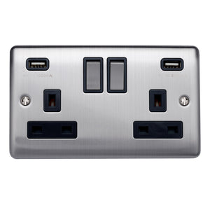 Caradok 13A 2 gang switched socket+(1.0+2.1)A USB outlet+neon,single pole Brushed Chrome, Metal Switch, Grey Insert