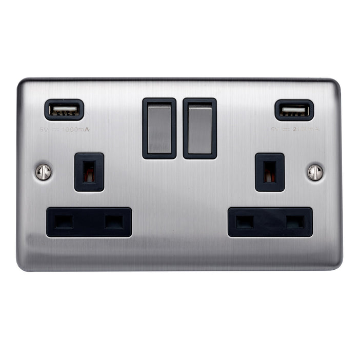 Caradok 13A 2 gang switched socket+(1.0+2.1)A USB outlet+neon,single pole Brushed Chrome, Metal Switch, Grey Insert