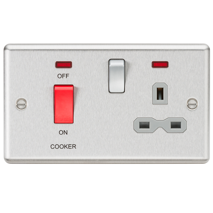 Knightsbridge CL83BCG 45A DP Cooker Switch & 13A Switched Socket - Neon & Grey Insert - Rounded Edge Brushed Chrome