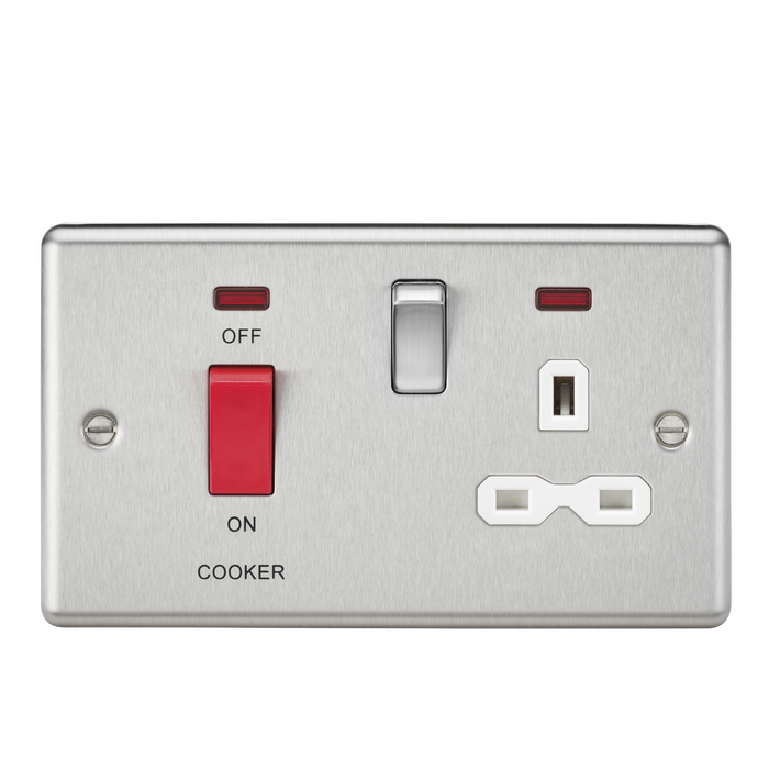 Knightsbridge CL83BCW 45A DP Cooker Switch & 13A Switched Socket - Neon & White Insert - Rounded Edge Brushed Chrome