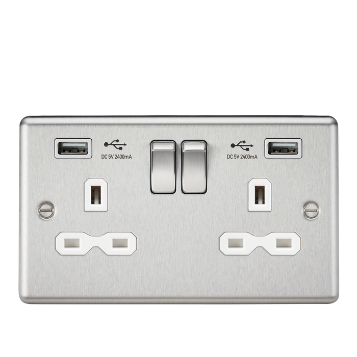 Knightsbridge CL9224BCW 13A 2G DP Switched Socket With White Inserts - USB Rounded Edge Brushed Chrome - Grey insert