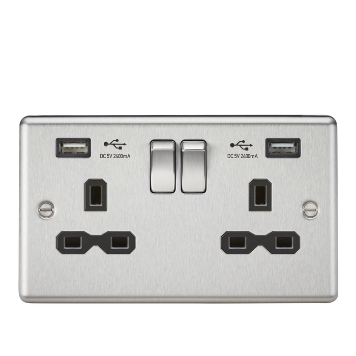 Knightsbridge CL9224BC 13A 2G DP Switched Socket With Black Inserts- USB Rounded Edge Brushed Chrome - Grey insert