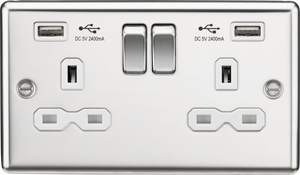 Knightsbridge CL9224PCW 13A 2G DP Switched Socket With White Inserts - USB Rounded Edge Polished Chrome - Grey insert