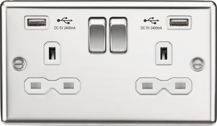 Knightsbridge CL9224PCW 13A 2G DP Switched Socket With White Inserts - USB Rounded Edge Polished Chrome