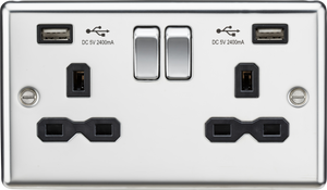 Knightsbridge CL9224PC 13A 2G DP Switched Socket With Black Inserts- USB Rounded Edge Polished Chrome - Grey insert