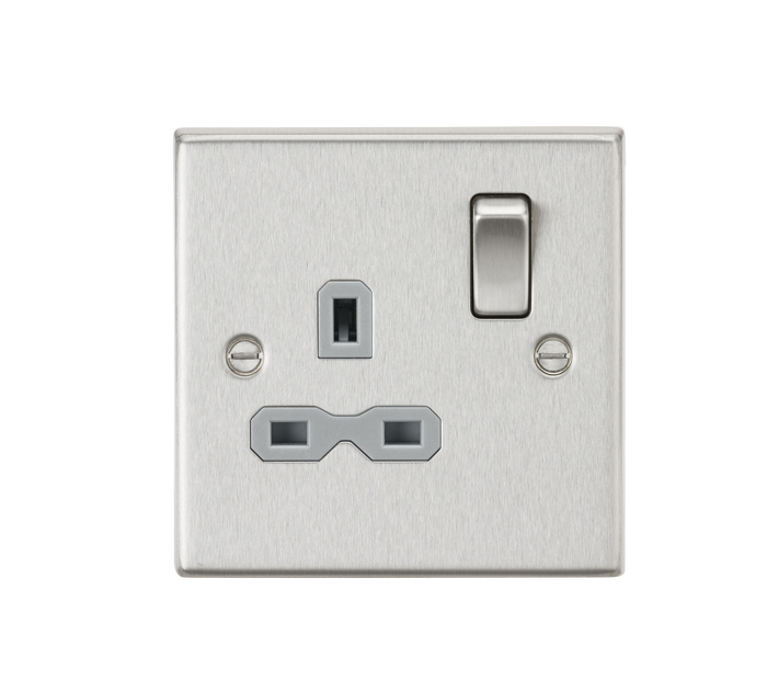 Knightsbridge CS7BCG 13A 1G DP Switched Socket with Grey Insert - Square Edge Brushed Chrome
