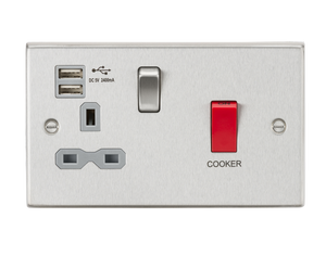 Knightsbridge CS8333UBCG 45A DP Switch & 13A Switched Socket with Dual USB Charger 2.4A - Brushed Chrome with grey insert