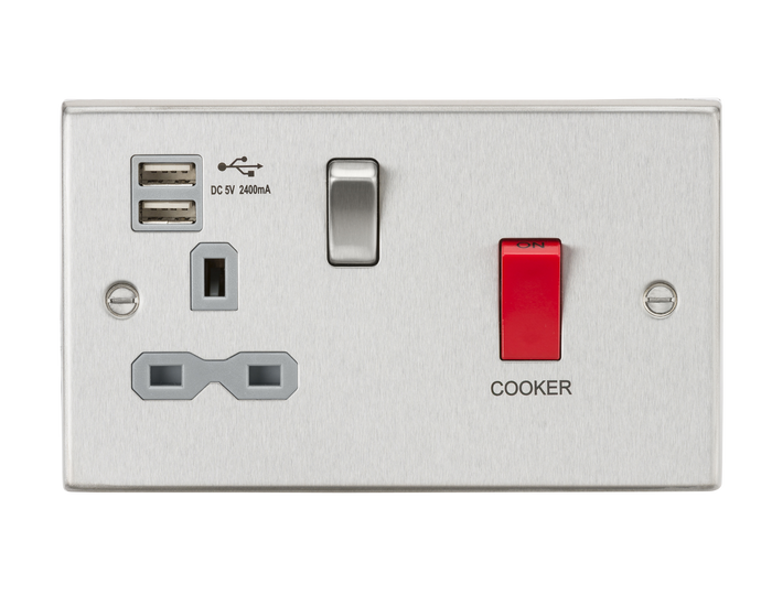 Knightsbridge CS8333UBCG 45A DP Switch & 13A Switched Socket with Dual USB Charger 2.4A - Brushed Chrome with grey insert