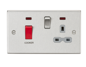 Knightsbridge CS83BCG 45A DP Cooker Switch & 13A Switched Socket with Neons & Grey Insert - Square Edge Brushed Chrome
