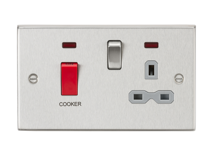 Knightsbridge CS83BCG 45A DP Cooker Switch & 13A Switched Socket with Neons & Grey Insert - Square Edge Brushed Chrome