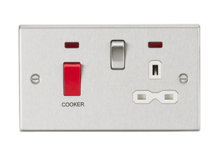 Knightsbridge CS83BCW 45A DP Cooker Switch & 13A Switched Socket with Neons & White Insert - Square Edge Brushed Chrome
