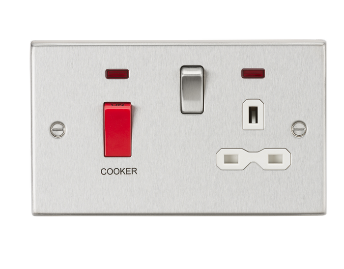 Knightsbridge CS83BCW 45A DP Cooker Switch & 13A Switched Socket with Neons & White Insert - Square Edge Brushed Chrome