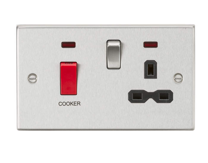 Knightsbridge CS83BC 45A DP Cooker Switch & 13A Switched Socket with Neons & Black Insert - Square Edge Brushed Chrome