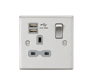 Knightsbridge CS91BCG 13A 1G Switched Socket Dual USB Charger (2.1A) with Grey Insert - Square Edge Brushed Chrome