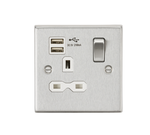 Knightsbridge CS91BCW 13A 1G Switched Socket Dual USB Charger (2.1A) with White Insert - Square Edge Brushed Chrome