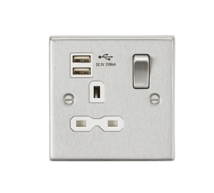 Knightsbridge CS91BCW 13A 1G Switched Socket Dual USB Charger (2.1A) with White Insert - Square Edge Brushed Chrome
