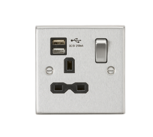 Knightsbridge CS91BC 13A 1G Switched Socket Dual USB Charger (2.1A) with Black Insert - Square Edge Brushed Chrome