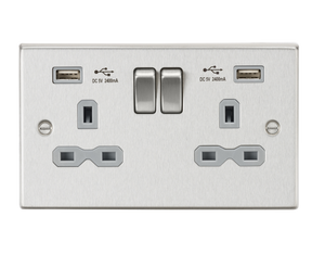 Knightsbridge CS9224BCG 13A 2G Switched Socket Dual USB Charger (2.4A) with Grey Insert - Square Edge Brushed Chrome