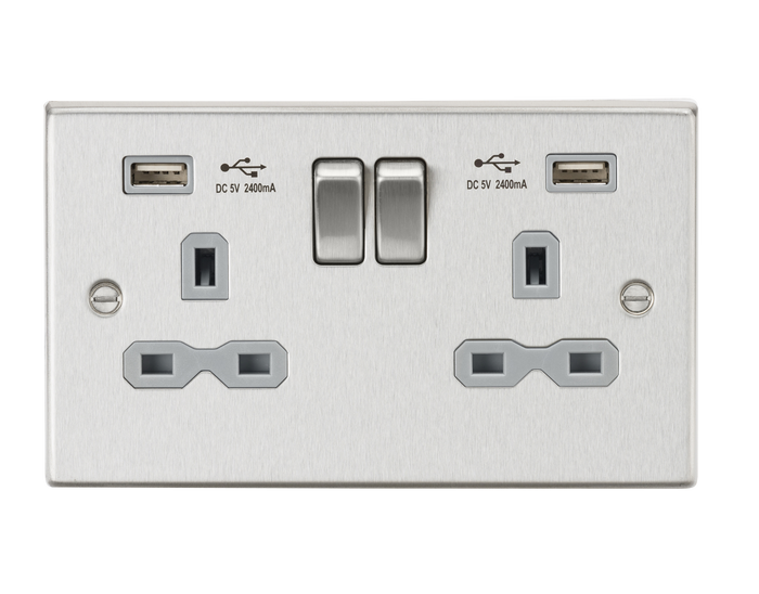 Knightsbridge CS9224BCG 13A 2G Switched Socket Dual USB Charger (2.4A) with Grey Insert - Square Edge Brushed Chrome