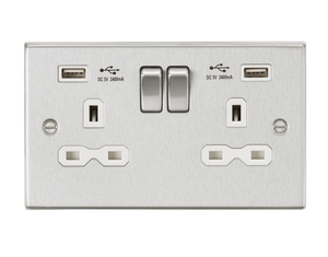 Knightsbridge CS9224BCW 13A 2G Switched Socket Dual USB Charger (2.4A) with White Insert - Square Edge Brushed Chrome