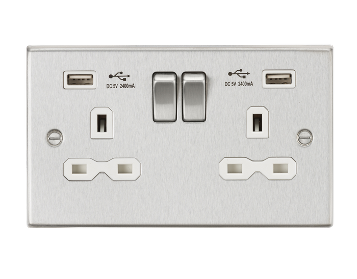 Knightsbridge CS9224BCW 13A 2G Switched Socket Dual USB Charger (2.4A) with White Insert - Square Edge Brushed Chrome