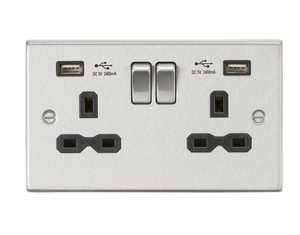 Knightsbridge CS9224BC 13A 2G Switched Socket Dual USB Charger (2.4A) with Black Insert - Square Edge Brushed Chrome